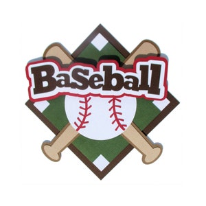 May include: A brown and red baseball themed paper craft with the word "Baseball" in brown letters on a red background. The craft features a white baseball with red stitching, two brown wooden bats crossed behind the ball, and a green diamond-shaped baseball field.