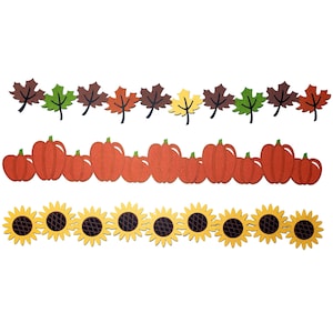 May include: A fall-themed border with three rows of decorative elements. The top row features brown, green, and yellow maple leaves. The middle row features orange pumpkins. The bottom row features yellow sunflowers.