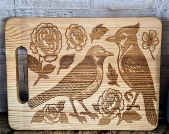 SALE Artistic Bird and Flower Engraved Cutting Board. SALE