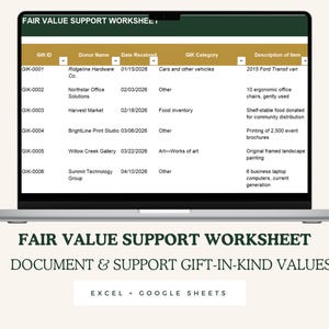 Nonprofit Gift-in-Kind Valuation Worksheet, Fair Value Documentation (Excel/Google Sheets)