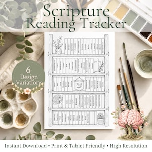 May include: A black and white line art printable featuring a bookshelf with book spines labeled with Bible book names, a cross, and a banner reading Faith. The text Scripture Reading Tracker and 6 Design Variations are visible.