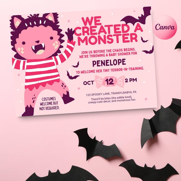 Invitación para Baby Shower de Monstruos Espeluznantes • Tema Rosa de Halloween (Plantilla editable de Canva)