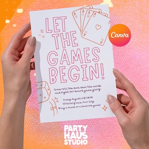 Retro Game Night Einladung Vorlage, bearbeitbarer Canva Party Flyer, mutiges druckbares Briefpapier, lustiges wunderliches Würfelkartendesign