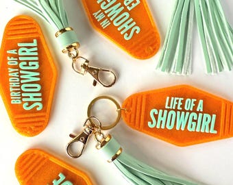 Showgirl Keychain – Retro Motel Style – Orange Sparkle with Mint Tassel – Party Favor, Birthday Gift, Bachelorette