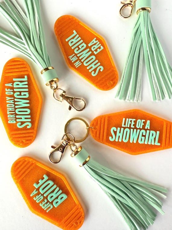 Showgirl Keychain – Retro Motel Style – Orange Sparkle with Mint Tassel – Party Favor, Birthday Gift, Bachelorette