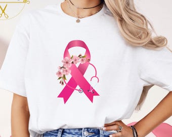 Camiseta de apoyo al cáncer de mama con estetoscopio y lazo rosa para médicos y enfermeras. Camiseta de apoyo para el cáncer. Camiseta para el sector sanitario.
