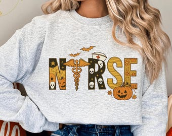 Sudadera de enfermera de Halloween, sudadera con capucha de enfermería de Halloween, suéter de otoño de enfermera, regalo de Halloween, disfraz de Halloween, camiseta de enfermera linda, camiseta de enfermera espeluznante