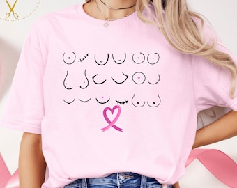 Camiseta divertida de concienciación sobre el cáncer de mama, camiseta con lazo rosa y tetas, regalo para supervivientes guerreras.