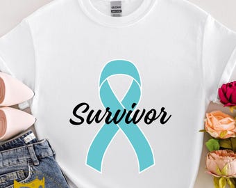 Camiseta con lazo turquesa para supervivientes de cáncer de ovario, camisetas de apoyo familiar, camiseta de guerrera contra el cáncer