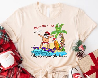 Santa Beach Christmas T-Shirt, Tropical Hawaiian Summer Holiday Tee