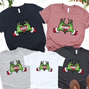 Custom Grinch Family T-shirt, Family Matching Christmas Shirts, Christmas Party Tee, Grinchmas Holiday Gift,Grinch Heart Hand Tee,Xmas Squad