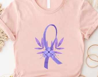 Stomach Cancer T-shirt, Flower Periwinkle Ribbon Shirt, Stomach Cancer Awareness Tee, Esophageal Cancer Shirt, Gastric Cancer Fighter Shirt