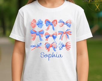 Camiseta Coquette Bow para niñas con nombre personalizado para el 4 de julio, camiseta patriótica para niños pequeños, camiseta personalizada para niños del 4 de julio