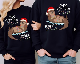 Sudadera navideña divertida para parejas: Nutria para ella/él, suéter navideño a juego, regalo para marido y mujer