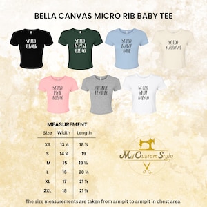 May include: A collection of Bella Canvas Micro Rib Baby Tees in various colors, including black, forest green, baby blue, and natural. Each tee features the text "SOLO" in a unique font. Measurements are provided for sizes XS to 2XL, with widths ranging from 13 1/2 to 18 inches.