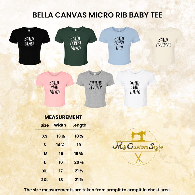 May include: A collection of Bella Canvas Micro Rib Baby Tees in various colors, including black, forest green, baby blue, and natural. Each tee features the text "SOLO" in a unique font. Measurements are provided for sizes XS to 2XL, with widths ranging from 13 1/2 to 18 inches.