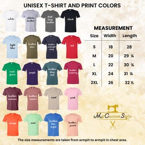 Unisex T-shirt size and color chart. Includes width and length measurements for sizes S to 2XL, and 20+ color options such as black, white, heather navy, red, mint, peach, and more. Helpful guide for choosing the right size and favorite shade.