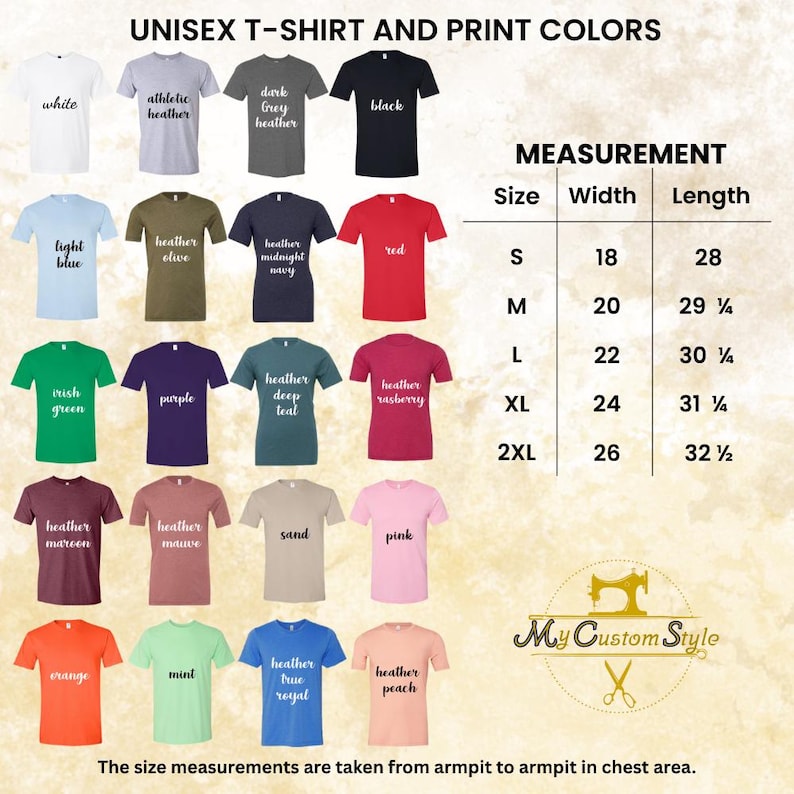 Unisex T-shirt size and color chart. Includes width and length measurements for sizes S to 2XL, and 20+ color options such as black, white, heather navy, red, mint, peach, and more. Helpful guide for choosing the right size and favorite shade.