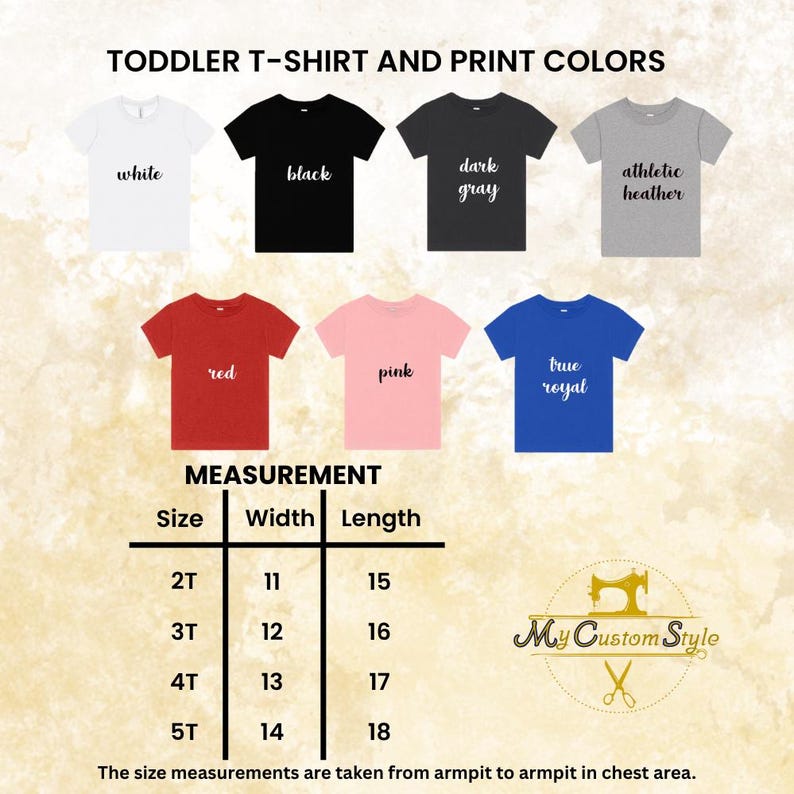 Toddler T-shirt size and color chart. Includes width and length measurements for sizes 2T to 5T, and 7 color options such as black, white, dark grey and more. Helpful guide for choosing the right size and favorite shade.