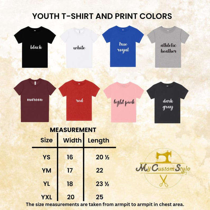 Youth T-shirt size and color chart. Includes width and length measurements for sizes S to XL, and 8 color options such as black, white, royal blue, red, and more. Helpful guide for choosing the right size and favorite shade.