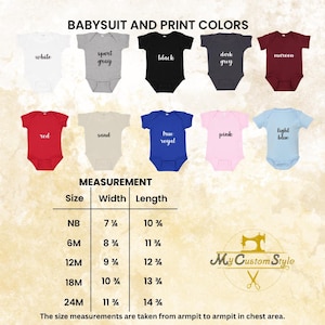 Babysuits size and color chart. Includes width and length measurements for sizes 0-6M to 24M, and 10 color options such as black, white, red, pink, and more. Helpful guide for choosing the right size and favorite shade.