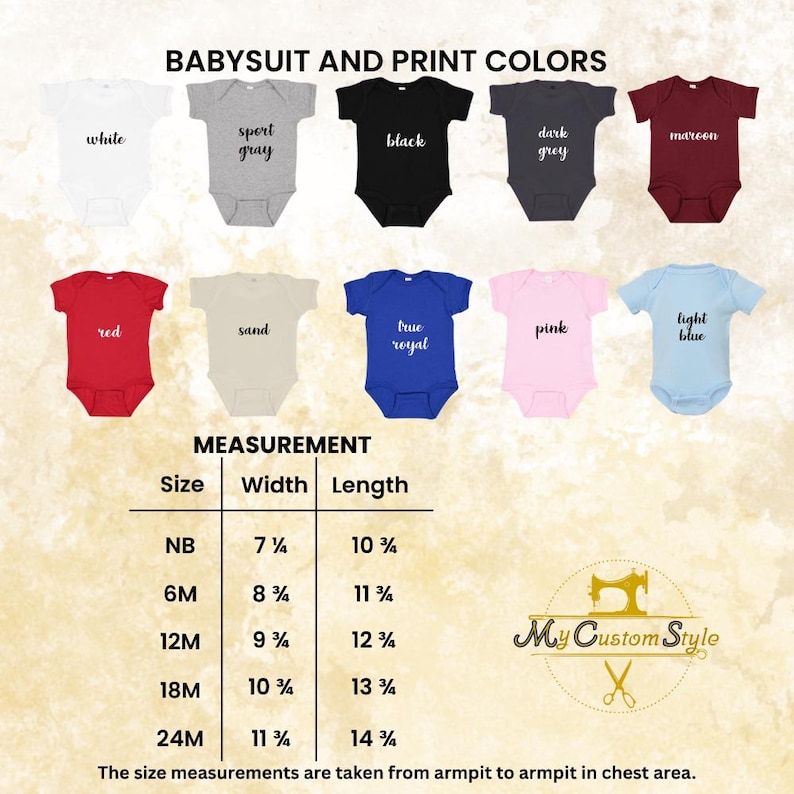 Babysuits size and color chart. Includes width and length measurements for sizes 0-6M to 24M, and 10 color options such as black, white, red, pink, and more. Helpful guide for choosing the right size and favorite shade.