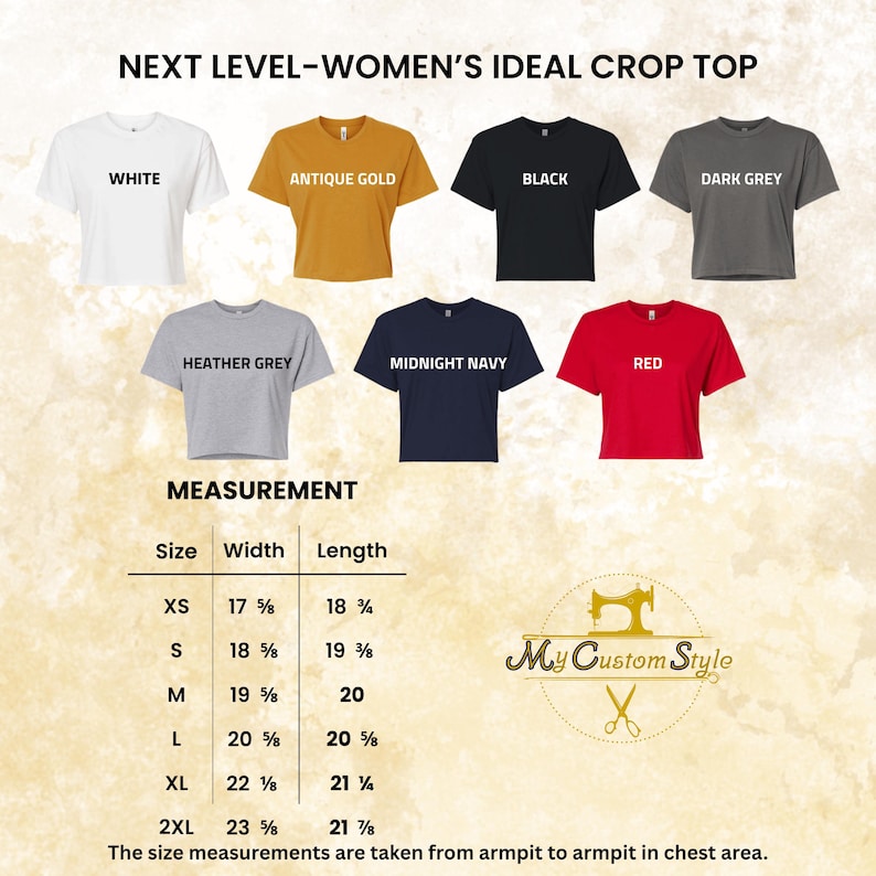 May include: A display of crop tops in various colors, including white, antique gold, black, dark grey, heather grey, midnight navy, and red. The image includes a size chart with measurements in inches and the text "My Custom Style".