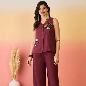 Embroidered Cotton Woman Maroon colour Co-ord Set/Indian Co-ord Set/Summer boho Wear/ Ready to wear/ Made in India/ 2 Piece Kurta pant Set/