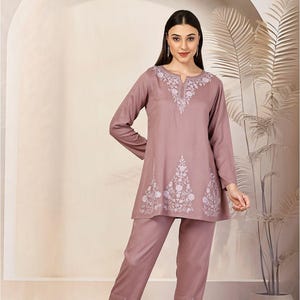 Pure Cotton Two Piece Embroidered/Comfortable set for women/3-4 Sleeves/Casual Shirt and Pant/Festive dress by Indian Nitvan/Indian Wear