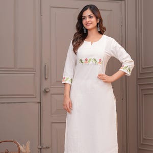 Elegant White Cotton Kurti with Floral Embroidery | Summer Straight Kurta for Women | Handmade Indian Ethnic Wear | Nitvan Exclusive/India