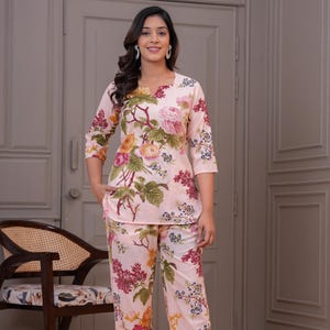 Ethnic Dreamy Ivory Cotton Print Co-ord Set / 3-4 Sleeves / Jaipur print / Iconic trendy Floral print / Ready to use / Nitvan Co-ord set