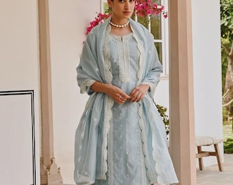 Boho geborduurde Kurta-set – Indiase etnische outfit met dupatta en broek | Feestkostuumset | Handgemaakte traditionele dameskleding
