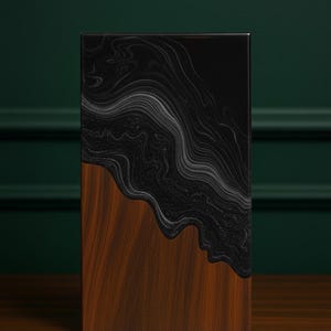 May include: A rectangular wooden box with a striking design. The top half features a black, marbled pattern with white and gray swirls, while the bottom half showcases a rich, brown wood grain. The box has a glossy finish and a modern aesthetic.