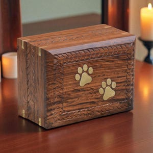 Handmade Wooden Pet Urn with Paw Prints | Dog Cat Ashes Cremation Box | Hand Carved Rosewood Pet Memorial Urn Keepsake