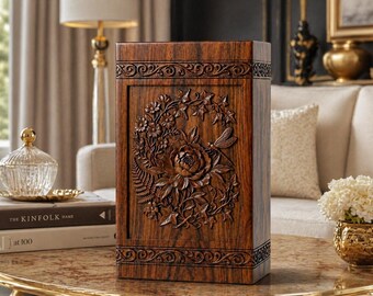 Urna funeraria de madera tallada para cenizas – Urna de cremación de palisandro con diseño floral – Caja conmemorativa hecha a mano – Urna funeraria decorativa