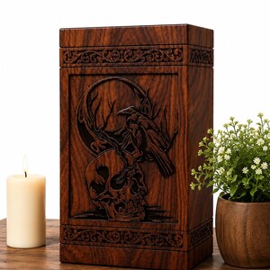 Peut inclure: Un coffret en bois brun foncé avec des sculptures complexes. Le panneau avant présente un relief détaillé d'un crâne, d'un corbeau et d'une lune. Le coffret rectangulaire a des bordures décoratives.