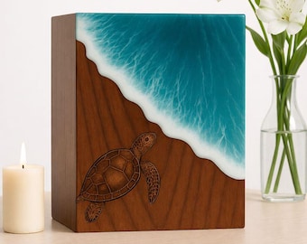 Handmade Rosewood Ocean Wave Resin Urn with Turtle Carving – Wooden Memorial Box