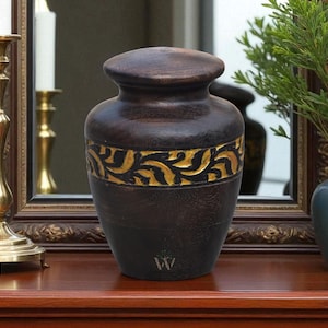 Handcrafted Wooden Cremation Urn with Golden Leaf Inlay – Mango Wood Memorial Urn for Ashes – Decorative Keepsake Urn for Adults
