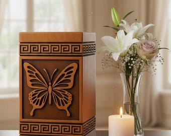 Puede incluir: Urna de madera con un diseño de mariposa tallada. La urna rectangular tiene un borde decorativo. Una vela blanca encendida y un jarrón de flores están junto a la urna sobre una superficie de madera.
