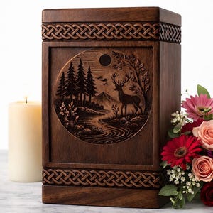 May include: A dark brown wooden urn with a carved nature scene depicting a deer, trees, and a river. The urn features Celtic knotwork at the top and bottom. A candle and flowers are in the background.