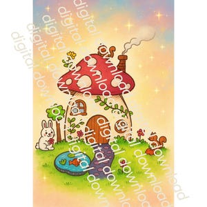 Whimsical Mushroom Cottage Art – Instant Fairycore Download | Bunny & Squirrel Scene