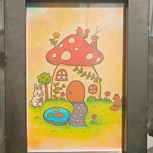 Whimsical Mushroom Cottage Art Print – Framed Fairy House with Bunny & Squirrel – Cottagecore Nursery or Kids Room Wall Décor – Gift Ready