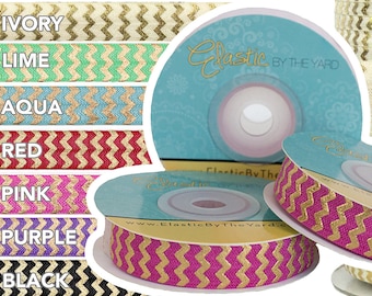 Gold Metallic Chevron Print Fold Over Elastic - Printed FOE 5/8" (15mm) - 5 and 100 Yards - Metallic Chevron Trim | Elastic By The Yard