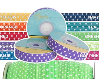 Colored Elastic with White Polka Dots Fold Over Elastic - Printed FOE 5/8" Wide - 5 and 100 Yards | Elastic By The Yard