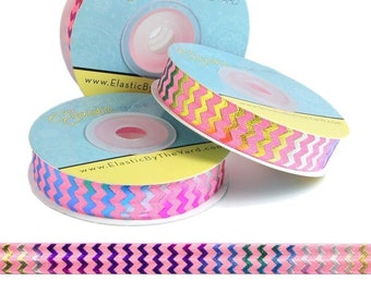 Rainbow Chevron on Pink Fold Over Elastic - Printed FOE 5/8" Wide - 5 Yards - 100 Yards | Wholesale Sewing Elastic | Elastic By The Yard