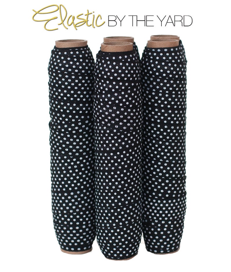 Black with White Polka Dot Print 5 or 100 Wholesale Yards Fold Over Elastic CLEARANCE