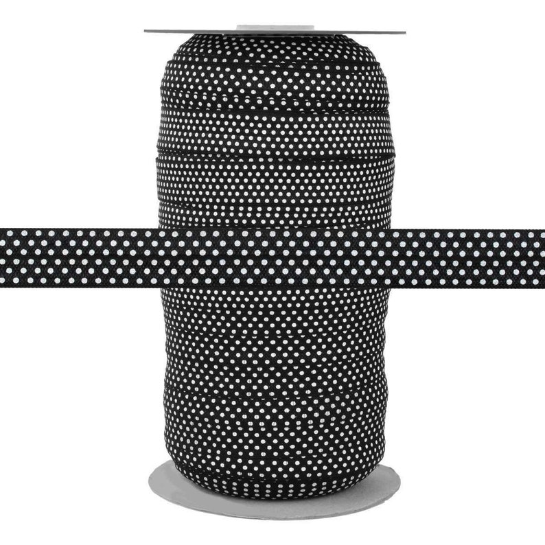 Black with White Polka Dot Print 5 or 100 Wholesale Yards Fold Over Elastic CLEARANCE
