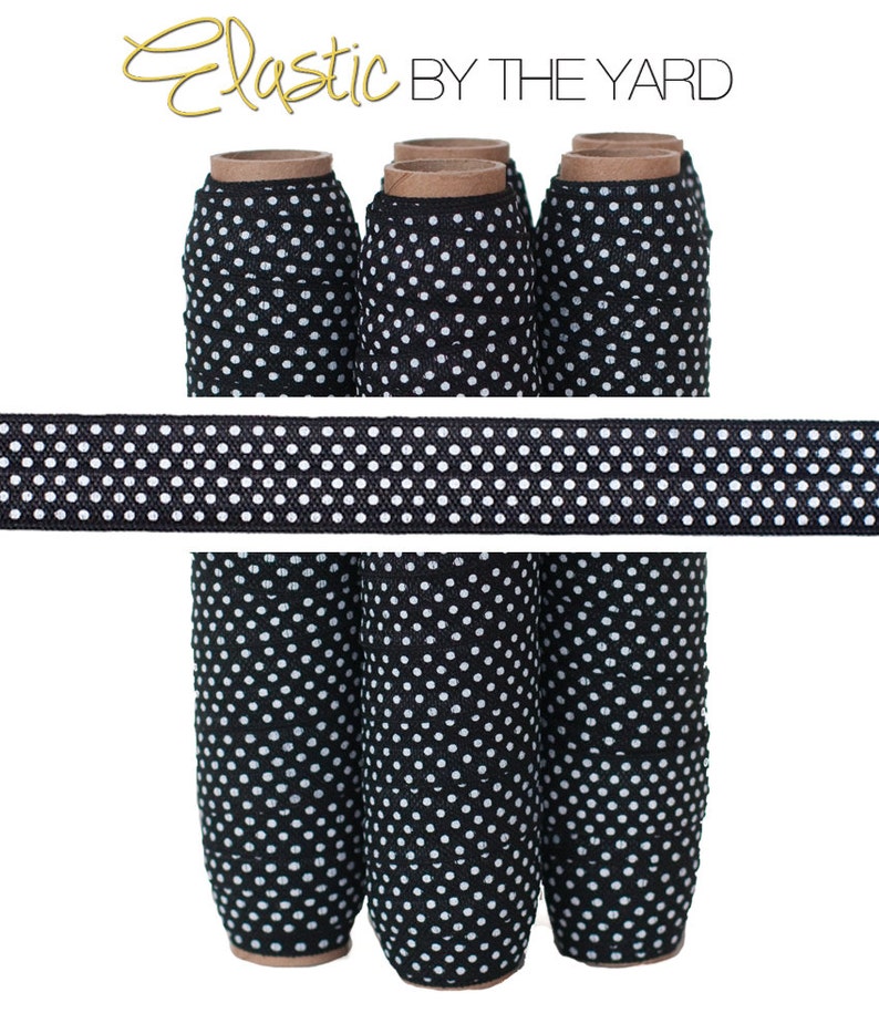 Black with White Polka Dot Print 5 or 100 Wholesale Yards Fold Over Elastic CLEARANCE