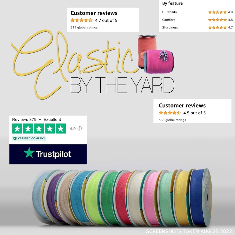 May include: A close-up of a variety of colorful elastic bands, rolled up and displayed on a white surface. The elastic is available in a variety of colors, including blue, green, yellow, red, pink, and white. The text "Elastic by the Yard" is displayed above the elastic bands. The image also includes customer reviews and ratings from Trustpilot and Amazon.