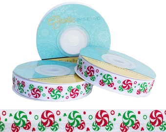 Christmas Peppermint Fold Over Elastic - Printed FOE 5/8" (15mm) WIDE - 5 and 100 Yards | Elastic By The Yard